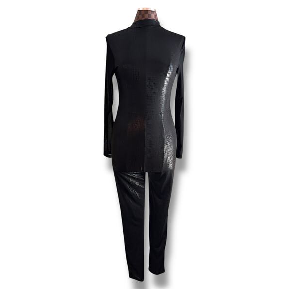Black Crocodile Embossed Jumpsuit Catsuit Large Cosplay Goth Sheer Mesh Sleeves - Picture 2 of 10